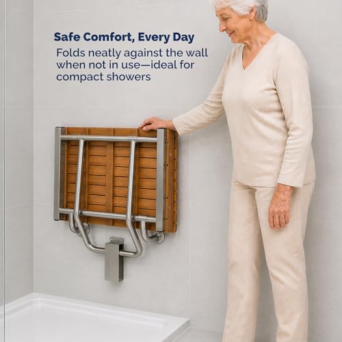 Teak Folding Shower Bench – ADA Compliant Fold Up Shower Chair for Elderly and Disabled, Wall Mounted Folding Seat, 400 lb Capacity Foldable Teak Wood Bath Bench, Stainless Steel Hardware - 24 Inches - size: 24 Inches
