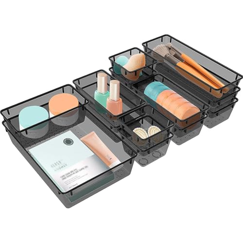 13 PCS Plastic Drawer Organizers Set, 4 Size Desk Drawer Organizer Trays | 4 Size Desk Drawer Organizer Trays for Makeup, Jewelry, Kitchen Utensils, Gadgets and Office - color: Black, size: 13 PCS