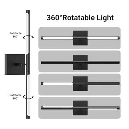Tipace Hard-Wired LED Bathroom Light Fixtures Over Mirror,24W 360°Rotatable 5500K Black Vanity Light Bar,Modern Wall Sconce for Living Room,Bedroom,Hallway,23.6 Inch - size: 23.6 IN