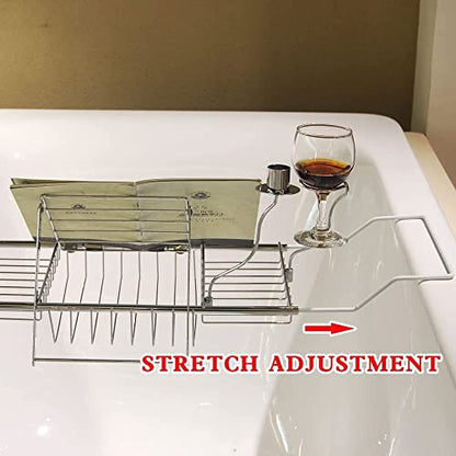 Expandable Bathtub Caddy Tray with Wine Holder & Reading Rack,Silver | Adjustable 20"-38" fits most tubs,Includes Soap Dish Wine Holder and Laptop Reading Rack,Bathtub Tray for Home - color: Silver