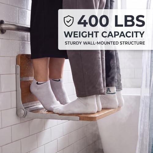 Upgraded Wide Bracket Wall Mounted Folding Shower Seat, Heavy Duty Waterproof Fold Down Shower Bench with Stainless Steel Bracket, Foldable Shower Chair for Inside Shower, 400 lbs Capacity, Brown - color: Brown