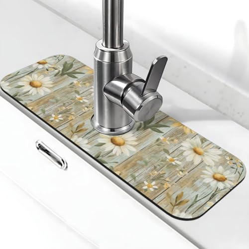 Diatomite Faucet Mat for Kitchen Fast Drying Sink & Bathroom Counter, Super Absorbent Water Sink Protectors Prevent Moisture Buildup, Sink Splash Guard Woodgrain Daisy Pattern - color: Watercolor Daisy1