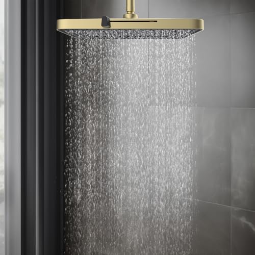Hibbent 5 Spray Modes Shower Head, 13'' High Pressure Rain Shower Head, Large Rainfall Showerhead for Bathroom, High Flow Waterfall Fixed Showerheads with Adjustable Swivel Ball Joint, Brushed Gold - color: Brushed Gold, style: Square 13''