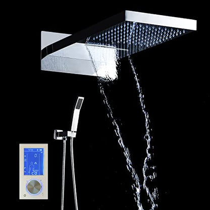 Cascada Luxury 22" Rectangular Wall Mounted Thermostatic LED Shower System With LCD Touch Screen, 3-Mode Functions (Rainfall, Waterfall and Handheld) (LED, Oil Rubbed Bronze)