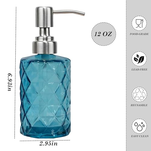12Oz Blue Glass Soap Dispenser, Liquid Hand Bottle, Stainless Steel Pump | Refillable Clear Kitchen Soap Dispenser with Diamond Design, for Hand soap, Dish Soap, Lotion, Bathroom, Countertop, Hotel - color: Diamond Blue