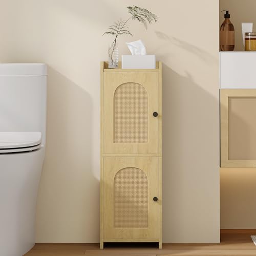 Hzuaneri Bathroom Storage Cabinet, Small Corner Floor Cabinet with 2 Doors | Narrow Toilet Paper Cabinets with Adjustable Shelf, Bathroom Organizer for Small Spaces, 7.9"D x 9.8"W x 29.5"H Rattan Yellow - color: Rattan Yellow, size: 7.9"D x 9.8"W x 29.5"H