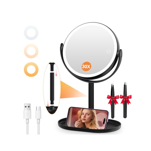 Auxmir 30X/1X Detachable Makeup Mirror with Lights, 3-Color Dimmable Lights | 64 LEDs, 3-color dimmable, dual-side touch control, 360° rotation, 2000mAh rechargeable, detachable design for travel - color: Black-30x