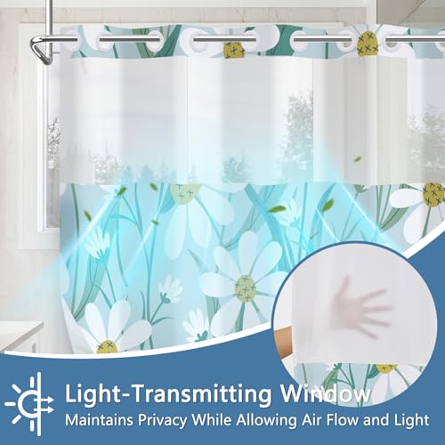 Hook-Free Floral Shower Curtains for Bathroom, Fabric Shower Curtain with Weighted Shower Curtain Liner and Ventilation Window, Daisy Pattern Farmhouse Waterproof Bath Curtain, 71x74 Inch - color: Daisy Garden