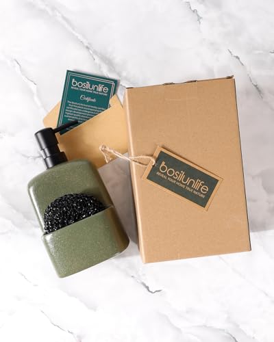 BosilunLife Dish Soap Dispenser - Matte Green Ceramic Kitchen Soap Dispenser with Sponge Holder Matte Ceramic Soap Daddy Dispenser 20oz for Kitchen Soap Pump and Sponges Caddy - color: Matte Green