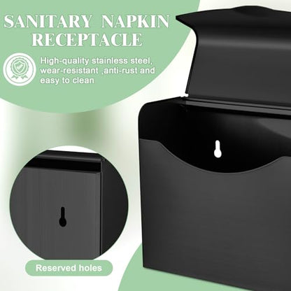 Tioncy 2 Pcs 9.5 x 7.9 in Sanitary Disposal Tampon Napkin Receptacle Wall Mounted Stainless Steel Flip Top Receptacle Bin Waste Trash Can Pads Holder Feminine Hygiene Container Bathroom (Black) - color: Black