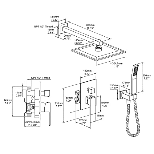 Rain Shower System 12 Inches Shower Combo Set Brushed Nickel Wall Mount Faucet Bathroom Faucets with Rainfall Shower Head and Hand Shower