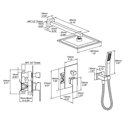 Rain Shower System 12 Inches Shower Combo Set Brushed Nickel Wall Mount Faucet Bathroom Faucets with Rainfall Shower Head and Hand Shower