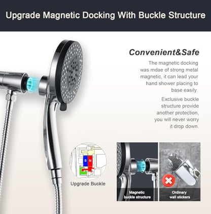 High Pressure Shower Head with Magnetic Shower Base | High Pressure 10-setting Shower Head with Hose,Magnetic Bracket,59 Inches Stainless Steel Shower Hose,Magnetic Shower Base - color: Chrome, style: Upgraded Version