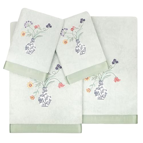 Floret 4-Piece Premium Towel Set, Embroidered Floral Stem, Luxurious Turkish Cotton, Durable & Quick Dry, Elegant Bath Ensemble, 2 Bath 2 Hand Towels, Aqua - color: Aqua, size: 2 Pcs Bath 2 Pcs Hand Towel
