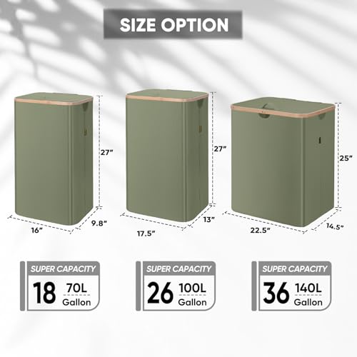 BALEINE Laundry Hamper with Lid, Tall Laundry Baskets with Bamboo Pull Handles, Large Laundry Bin with Internal Support (18 Gal/70L, Green) - color: Green, size: 70 liters