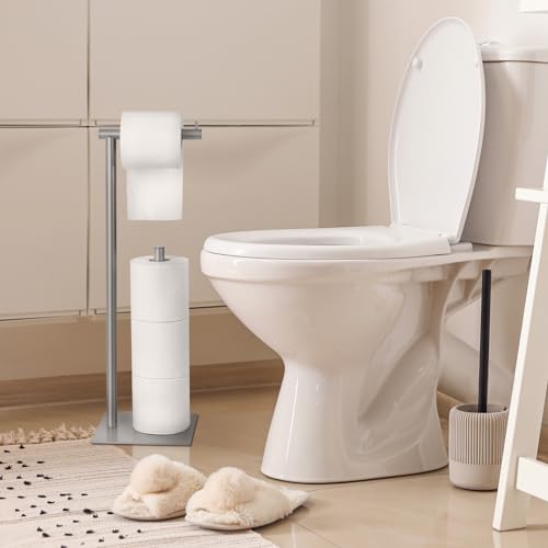 Toilet Paper Holder Stand Silver Toilet Paper Roll Holder for Bathroom, Freestanding Metal TP Holder with Reserve Toilet Tissue Storage Shelf, Holds Up to 4 Rolls of Paper | Freestanding TP Holder with Reserve Toilet Tissue Storage Shelf, Holds Up To 4 Ro