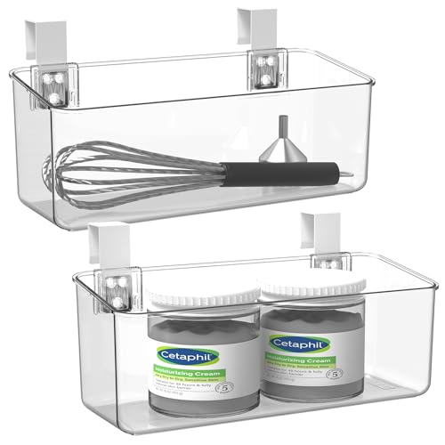 2 Pack Plastic Over Cabinet Door Organizer with Removable Hooks, Clear Hanging Baskets for Organizing Over the Cabinet Organizer Holder for Kitchen, Bathroom-Hang Outside or Inside Door-M - style: M