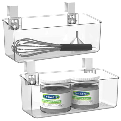 2 Pack Plastic Over Cabinet Door Organizer with Removable Hooks, Clear Hanging Baskets for Organizing Over the Cabinet Organizer Holder for Kitchen, Bathroom-Hang Outside or Inside Door-M - style: M