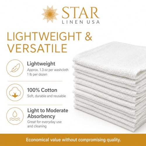 100% Cotton Washcloths 12 Pack, White, 12 x 12 in, Multipurpose | Lightweight 1.3 oz Each, Hemmed Edges, Machine Washable, for Bath, Hospitality, Cleaning, Painting, Staining and Crafts - size: 1 LB Per Dozen