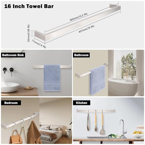 Livabber Square Bath Towel Bar, 304 Stainless Steel Towel Rack, Heavy Duty Towel Holder Wall Mounted for Bathroom Accessories, Kitchen, Brushed Nickel (16 Inch) - size: 16 Inch