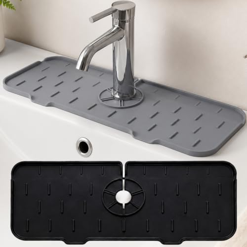 Faucet Splash Guard Mat for Kitchen Sink, Gray & Black, Set of 2 | TPR Drain Pad, Adjustable Center Hole, Self-Draining, Non-Slip, Fits 1.5"–2.5" Base