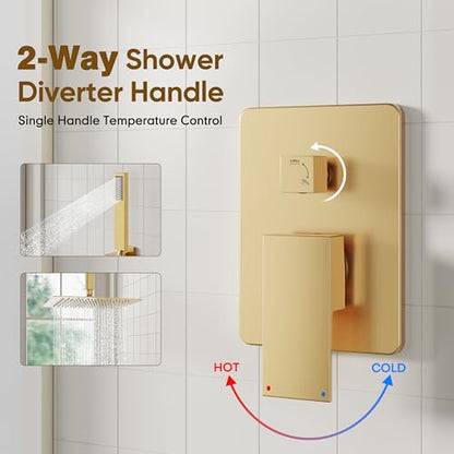 ESNBIA Shower Head System Gold, All Metal Ceiling Shower Faucet Set with Pressure Balance Valve Kit, 10 Inches Rain Head with Handheld Spray, Brushed Gold - color: Brushed Gold, size: 10 Inch