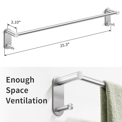 24 Inch Adhesive Towel Bar - Stainless Steel Stick on Towel Rack for Bathroom, No Drilling Towel Holder with 2 Hooks, Brushed Nickel - color: Brushed Nickel, size: 24 inch
