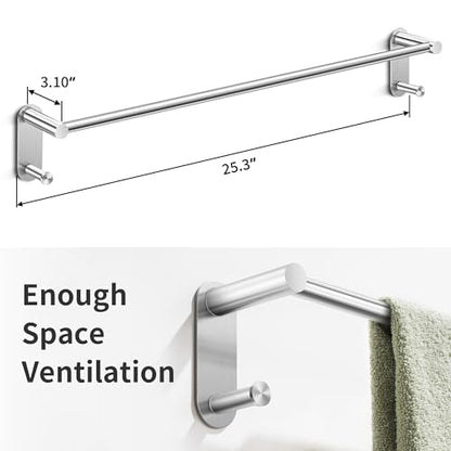24 Inch Adhesive Towel Bar - Stainless Steel Stick on Towel Rack for Bathroom, No Drilling Towel Holder with 2 Hooks, Brushed Nickel - color: Brushed Nickel, size: 24 inch