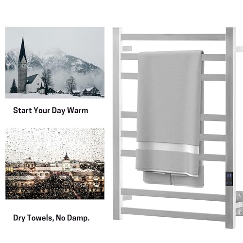 8-Bar Towel Warmer Rack, Brushed Stainless Steel | Brushed 304 stainless steel, 115-155°F temp control, 1-24H auto shut-off timer, plug-in or hardwired install - color: Brushed
