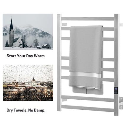 8-Bar Towel Warmer Rack, Brushed Stainless Steel | Brushed 304 stainless steel, 115-155°F temp control, 1-24H auto shut-off timer, plug-in or hardwired install - color: Brushed