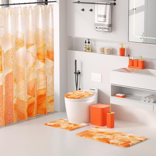 XLHOMO Bathroom Set - 26PC Bathroom Set with Shower Curtain and Rugs, Bathroom Accessory Set, Orange Bathroom Accessories Set, Trash Can & Soap Dispenser - style: Orange&Gold
