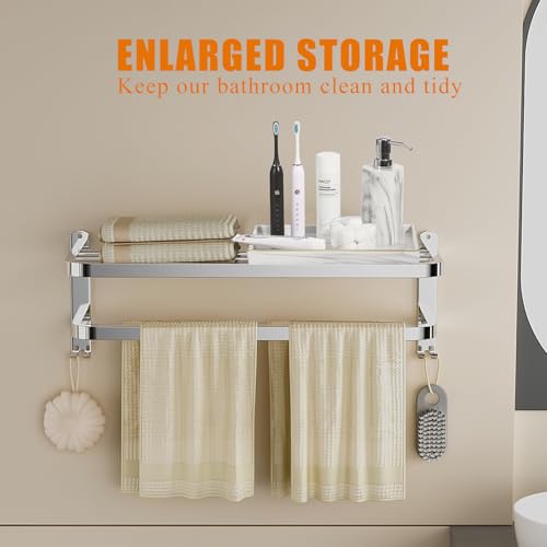 23 Inch Bathroom Towel Rack Towel Shelf with Double Towel Bars Lavatory Wall Mount Holder with Hooks Stainless Steel Hotel Bath Rack - color: Silver