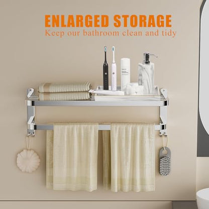 23 Inch Bathroom Towel Rack Towel Shelf with Double Towel Bars Lavatory Wall Mount Holder with Hooks Stainless Steel Hotel Bath Rack - color: Silver