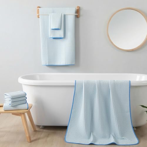 REDKISS Soft 8 Piece Waffle Towel Set, Microfiber, Lighter Weight, Absorbent, Quick Dry, Lint Free Bath Towels for Bathroom, Spa & Hotel – 2 Bath, 2 Hand, 4 Washcloths, Blue - color: Blue