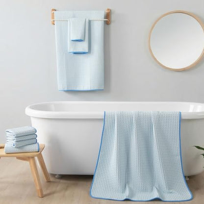 REDKISS Soft 8 Piece Waffle Towel Set, Microfiber, Lighter Weight, Absorbent, Quick Dry, Lint Free Bath Towels for Bathroom, Spa & Hotel – 2 Bath, 2 Hand, 4 Washcloths, Blue - color: Blue