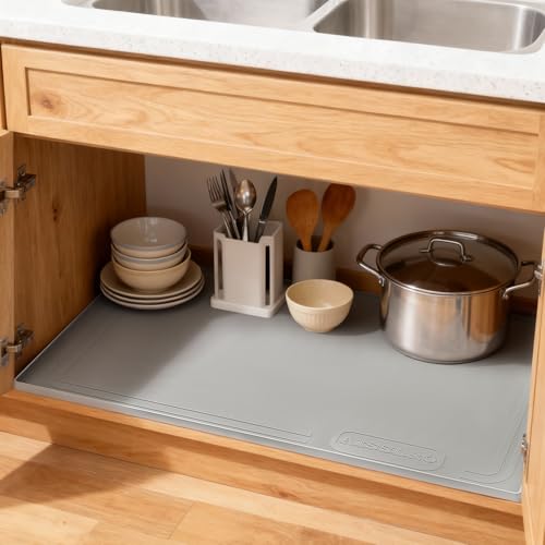 Aisslro Under Sink Mat 28" X 19", Waterproof Silicone Under Sink Mats for Kitchen, Anti-Leak Shelf Liner & Cabinet Protector with Raised Edge, [BPA Free] Bathroom Tray Home Organizer, Grey | BPA-Free Raised-Edge Cabinet Protector & Leak Tray for Bathroom