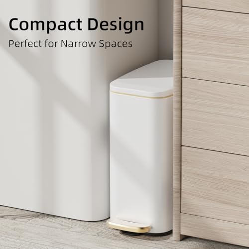 KUK Slim Bathroom Trash Can with Lid, 1.6 Gal / 6L Stainless Steel Small Garbage Bin with Detachable Inner Bucket, Step Pedal, Silent Close, Wastebasket for Toilet, Bedroom, Home, Office (White) - color: Matt White