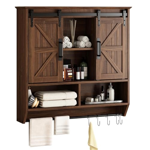 RUSTOWN Farmhouse Bathroom Wall Storage Cabinet with Sliding Barn Doors | 3-Tier, Rustic Wood Wall Mounted Cabinets, Vintage Medicine Cabinet, Adjustable Shelves, Over The Toilet Storage Cabinet - color: Dark Walnut