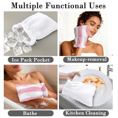 VOOVA & MOVAS Shower Mitts 6 Pack Pink Stripe,European Style with Loop | Body Wash Gloves, Gentle Texture, Durable Cotton Fabric, Ideal for Face Care, Shower and Home Use. - color: Pink Stripe&white, size: 6PC Bath Mitts