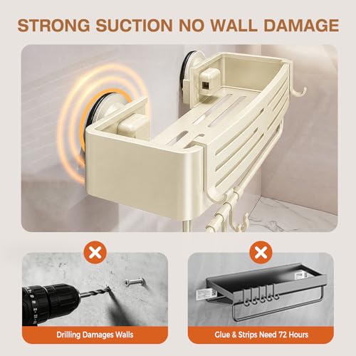Lekesky Suction Cup Shower Caddy, No Drill Shower Shelves with a Towel Bar, Aluminum Rust Proof Bathroom Shower Organizer with 12 Hooks（2-Pack, Cream） - color: Cream1