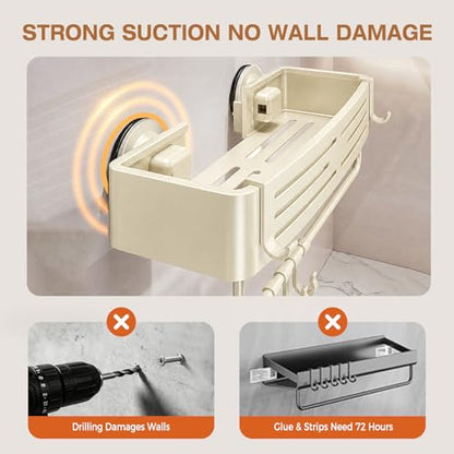 Lekesky Suction Cup Shower Caddy, No Drill Shower Shelves with a Towel Bar, Aluminum Rust Proof Bathroom Shower Organizer with 12 Hooks（2-Pack, Cream） - color: Cream1