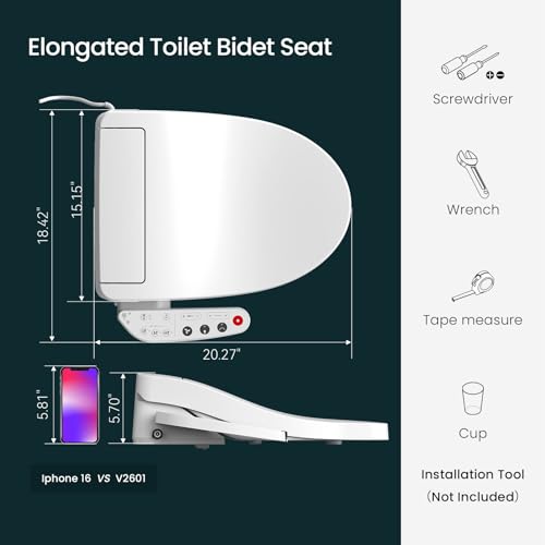R&T V2601 Electric Bidet Seat, Elongated Smart Toilet Seat with Warm Water, Adjustable Heated Seat, Air Dryer, Night Light, Bidet Attachment for Toilet - color: V2601
