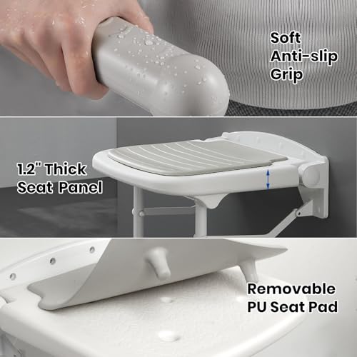 Folding Shower Seat with Adjustable PU Grab Bar, 550lbs Heavy Duty Fold Down Bath Bench with Legs, Non-Slip Comfort Grip and Removable Cushion, Wall Mounted Chairs for Seniors - size: Shower Seat+Grab Bar+Legs