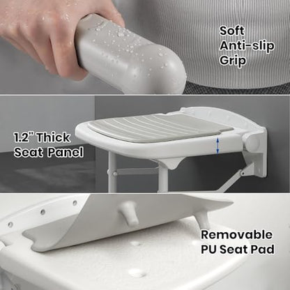 Folding Shower Seat with Adjustable PU Grab Bar, 550lbs Heavy Duty Fold Down Bath Bench with Legs, Non-Slip Comfort Grip and Removable Cushion, Wall Mounted Chairs for Seniors - size: Shower Seat+Grab Bar+Legs