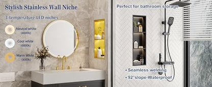 Gold 2-Tier 3 CCT LED Niche, 12"x24" No-Tile Shower Storage | shower niche with 3-Temperature LED Strip Light (4000K/6000K/3000K),Waterproof, Sturdy&Durable,304 Stainless Steel Wall Niche - color: Gold, size: 12X24In