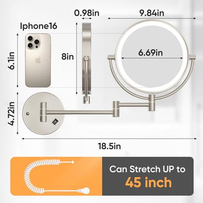 FUNTOUCH Plug in Wall Mounted Lighted Makeup Mirror 1X/30X Magnifying | AC Powered Double-Sided Magnification Bathroom Mirror with Lights,3Lighting Mode,Extended Arm 360 Rotation Light up Mirrors - color: Nickel