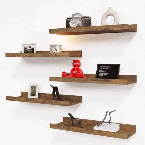 RICHER HOUSE 5-Set Floating Shelves with Lip, Brown Wall Mounted Wood Shelf | Display Picture Ledge Shelf, Anti-drop lip Shelf for Room Wall Decor, Bedroom Bathroom Storage Nursery Books, Easy Setup 16in - color: Brown