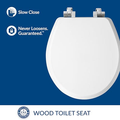 Mayfair Bennett Toilet Seat with Chrome Hinges, Slow Close Wood Seat, Secure Metal Hinges, Easy Install, Made in USA, Round, White - color: Chrome, size: Round