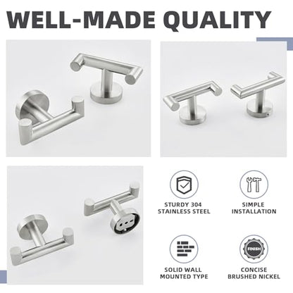Brushed Nickel Bathroom Double Towel Hooks, 2 Pack, Wall Mounted | 304 Stainless Steel, Rust-resistant for Bathroom Shower Laundry Room, Heavy-duty 11 lbs Robe Hooks, Towels, Clothes Storage - color: Brushed Nickel