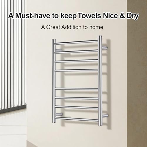 Towel Warmer Polished Chrome for Bathroom Wall Mounted Drying Rack Plug-in Electric Heated Towel Rack Stainless Steel Round 8 Bars Bath Towel Heater with Single Press
